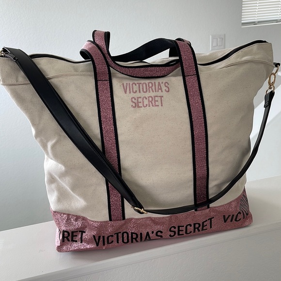 Victoria's Secret Handbags - Victoria's Secret Pink & Cream Canvas Tote Bag
